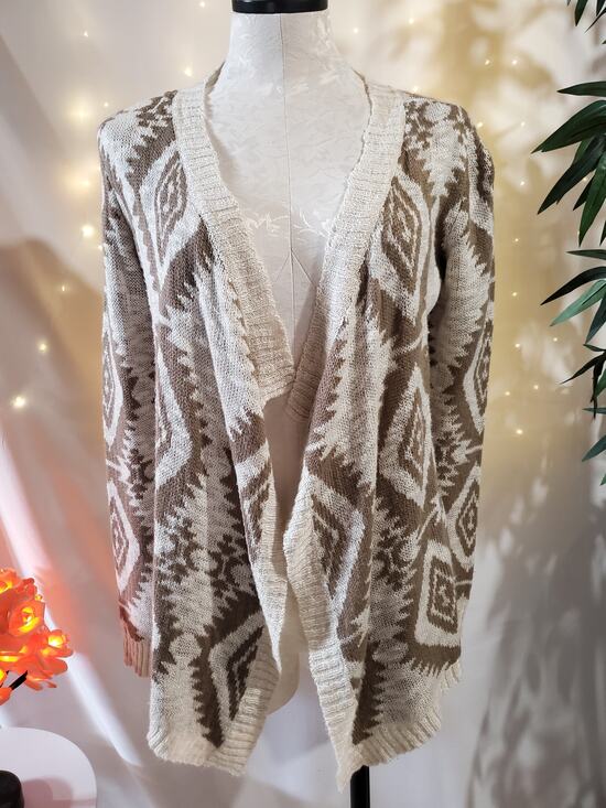 Arizona Jean Company Sweaters - Arizona Aztec Diamond Neutral Tan Cream Open Cardigan Sweater Womens Size S